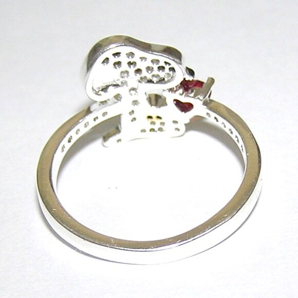 Snoopy Peanuts Sterling Silver Ring With Red CZ Heart, Inlaid Crystals, Size 7 - Picture 3 of 6